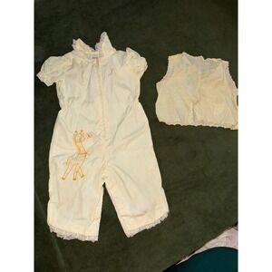 Vintage Baby Giraffe Embroidered Romper with Lace Trim and Matching Vest 3-6 M‎
